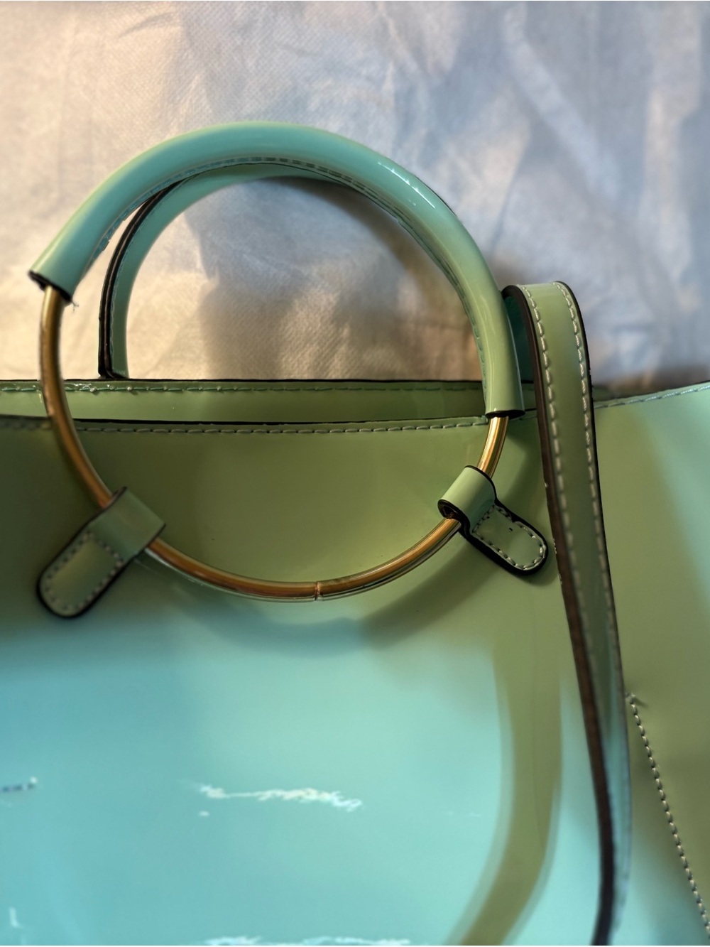 2pc Set Mint green vegan Patent Leather Tote & Crossbody Goldtone handle